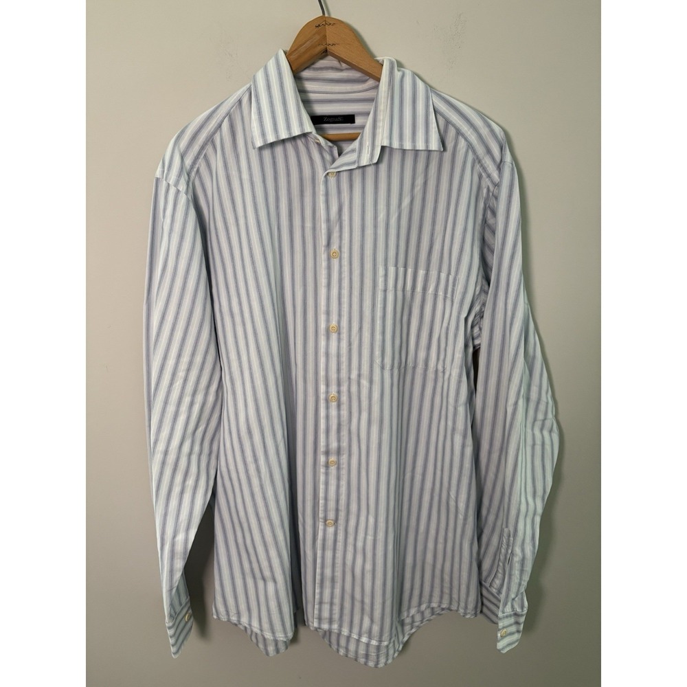 Zegna Sport Mens Shirt Large L Blue White Striped Casual Button Down Long Sleeve